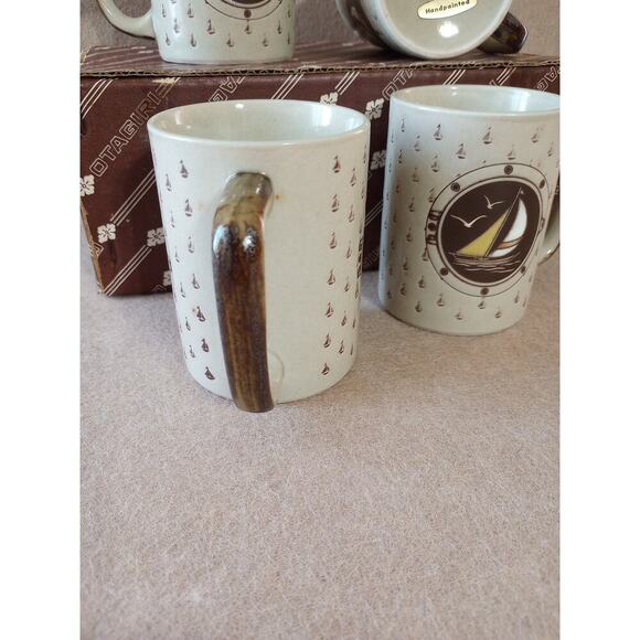 OTAGIRI Vtg SAILBOAT Mug Set Of 4 Hand painted Stoneware In Box Stickers 70s 80s - Picture 3 of 6